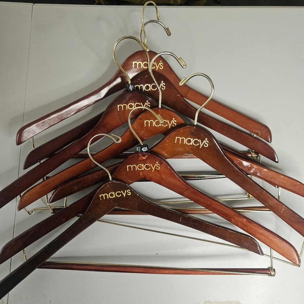 Macy's Mahogany Wooden Suit Hangers with Gold Hardware Lot of 8 Luxury Closet